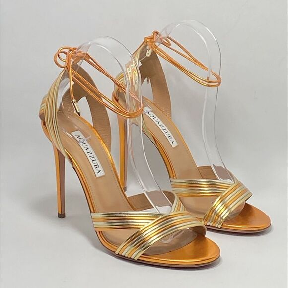 Aquazzura Ari Metallic Leather Ankle-Tie Sandals size 38.5 - Picture 3 of 13
